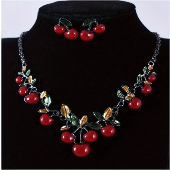 Vintage Retro Style Red Cherry Necklace & Earrings Set Cute Fruit Charm Chain - Picture 3 of 6